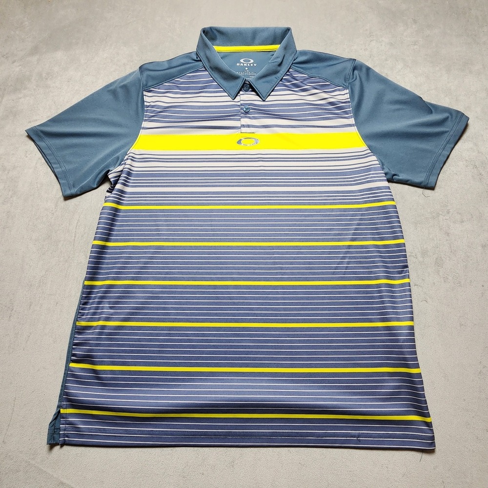 Oakley Polo‎ Shirt Men L Blue Multicolor Striped Regular Fit Hydrolix Polyester